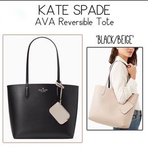 Brand New! KATE SPADE AVA Reversible Black Beige Leather Tote & Coin Purse